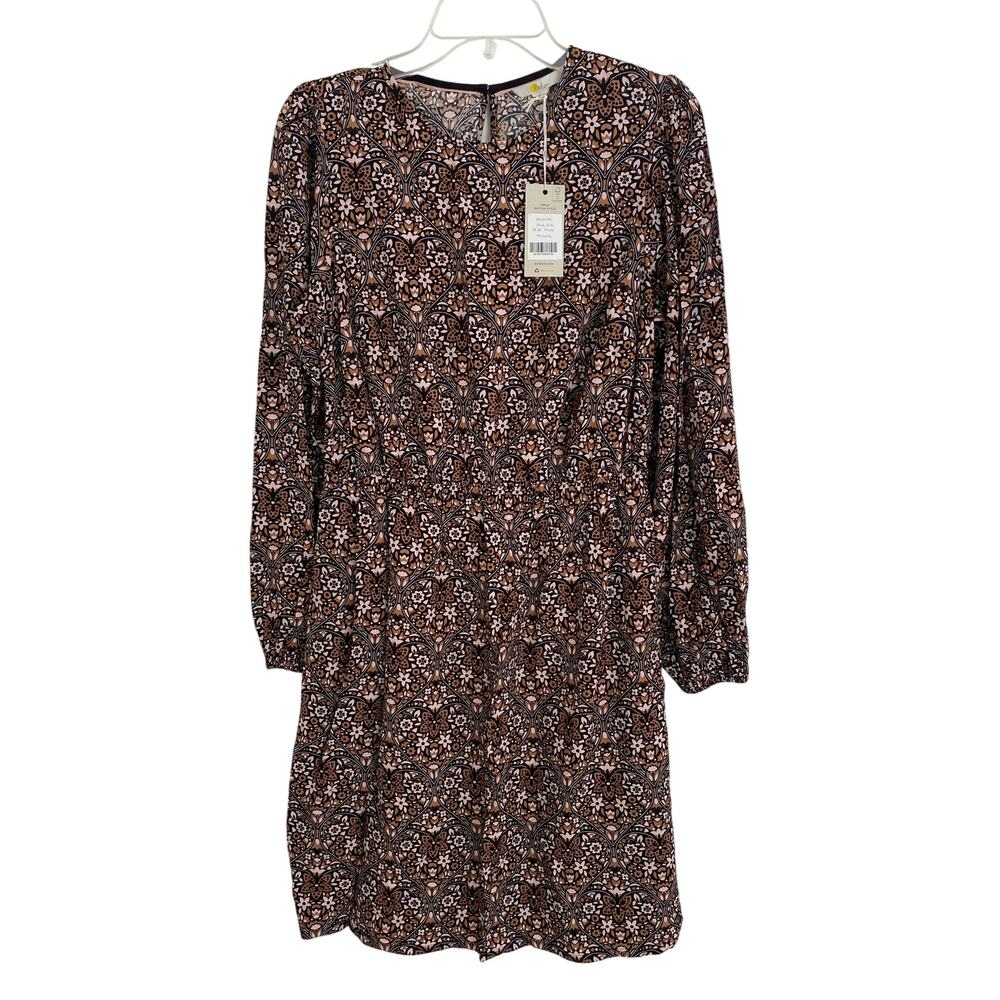 Boden Crew Neck Long Blouson Sleeve Mini Dress Dijon Heart Bloom Black Brown NWT